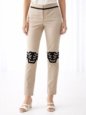 Vivienne Tam Patterned Pencil Pants - Khaki w/ Black Detailing - Size 0 - EUC